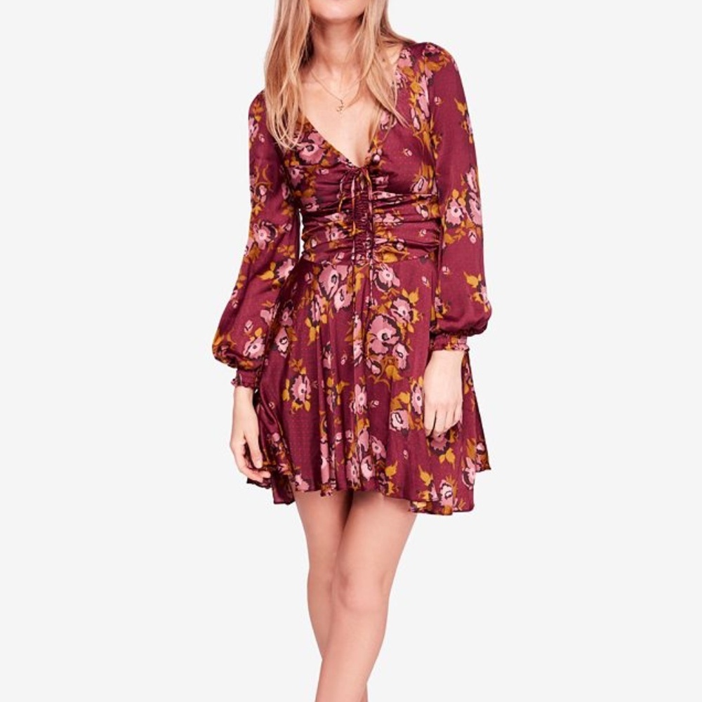 Free People Floral Long Sleeve Dress - Burgundy and Yellow